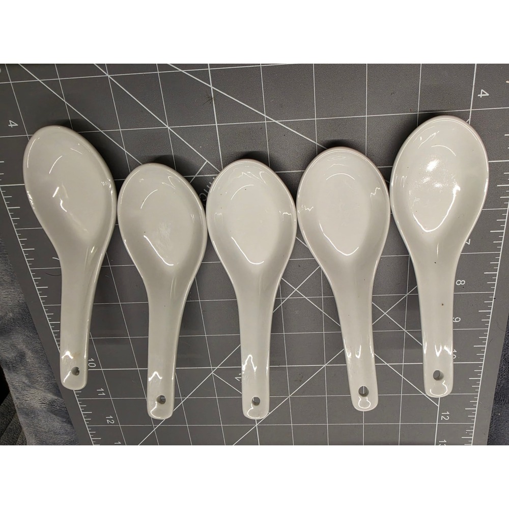 Pier 1 Imports White Porcelain Chinese Soup Spoons Set of 5 Ceramic Ramen Pho